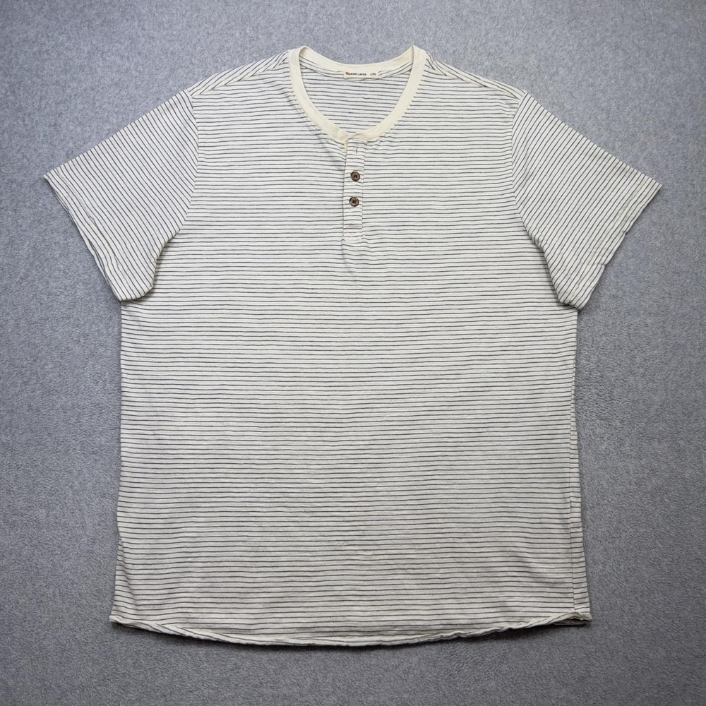 Marine Layer Henley Shirt Mens L XL Ivory Striped Short Sleeve Tee Lightweight